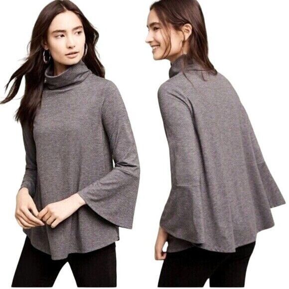 Anthropologie Postmark Gray Metallic Turtleneck Bell‎ Sleeve Liz Top Size M - Picture 1 of 11